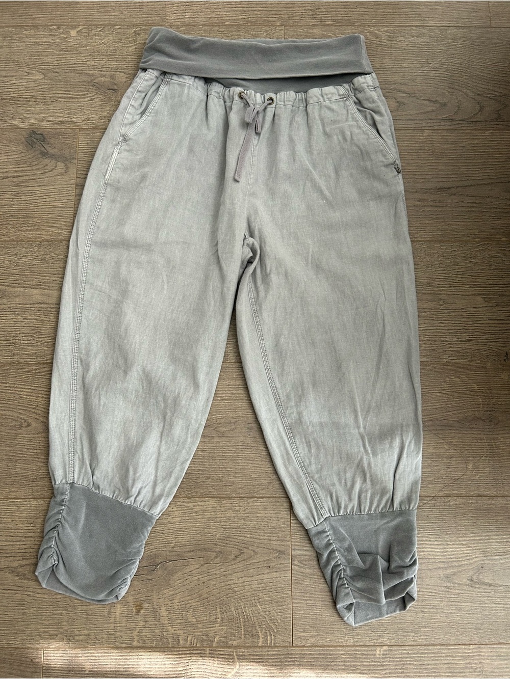 CREAM Fold over Linen Light Gray Casual Drawstring Ruched Gathered hem Pants